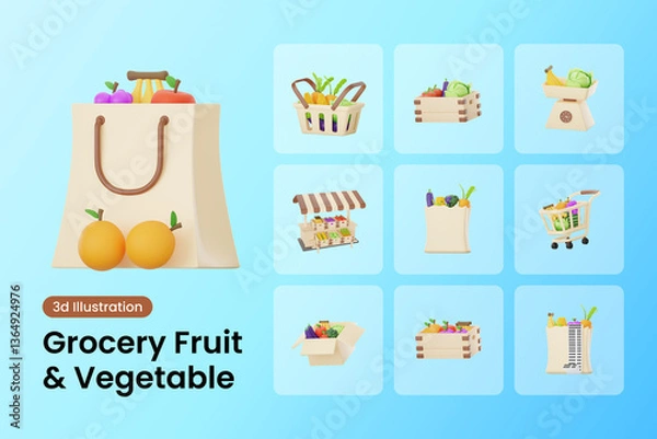 Obraz Grocery Fruit & Vegetable 3d Illustration