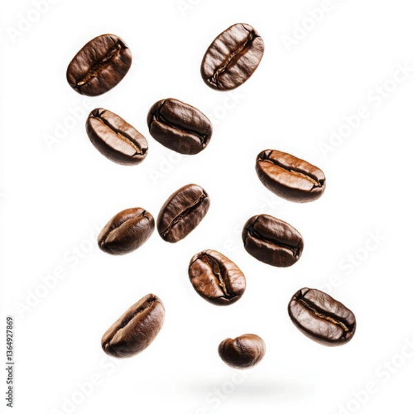 Fototapeta A bunch of coffee beans are flying through the air