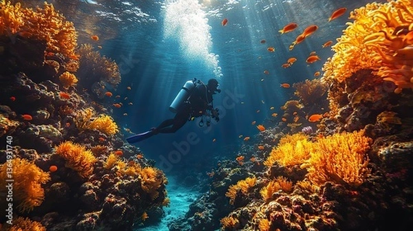 Fototapeta A scuba diver explores a colorful coral reef illuminated by sunbeams, creating a mesmerizing underwater scene filled with marine life and tranquility.