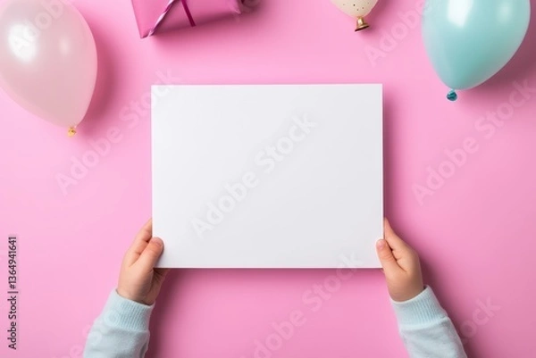 Obraz Child Hands Holding Blank White Cardboard on Pink Background for Message or Creative Design Mockup