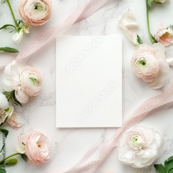 Fototapeta Elegant flowers and ribbons with blank card displayed beautifully