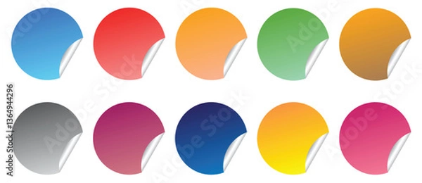Fototapeta Adhesive paper stickers circle with rounded edges adhesive, color round stickers with peeling corner, isolated rounded plastic mockup, set round paper curved corner