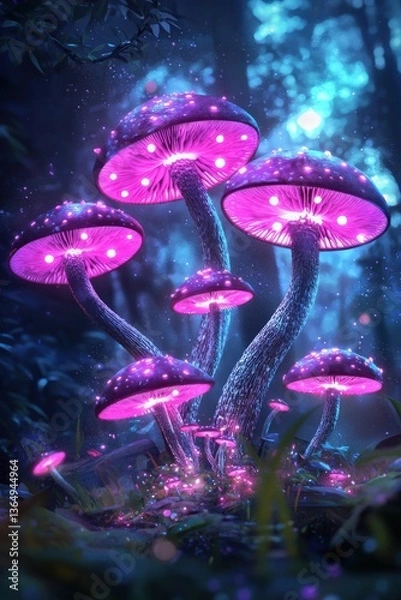 Fototapeta A fantasy cityscape where buildings are shaped like massive glowing mushrooms, Forest psychedelic mushrooms drawing