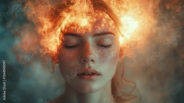 Fototapeta A surreal portrait shows a woman with closed eyes and an exploding head, symbolizing burnout, stress, mental health issues, and information overload.