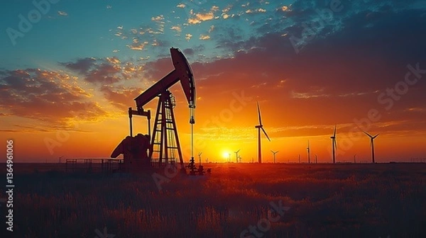 Fototapeta An oil pump and wind turbine are silhouetted at sunset, showing the shift to renewables.