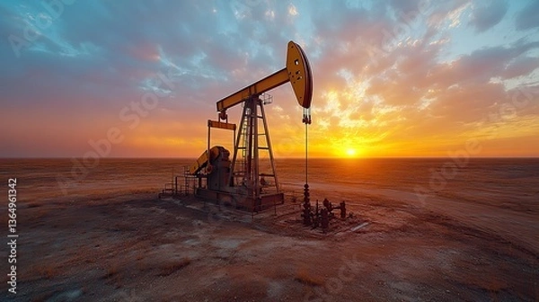 Fototapeta An oil pump extracts oil in an oilfield against a dramatic sky, showing oil pricing and pollution.