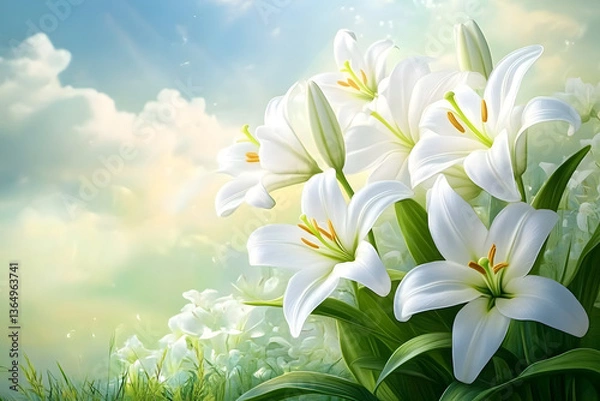 Obraz Lillies. White Easter Lily Flowers Blooming in a Sunny Garden