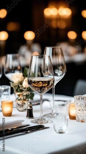 Fototapeta Elegant table setting with wine glasses, candles, and flowers