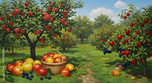 Fototapeta Colorful Apple Orchard Scene With Basket