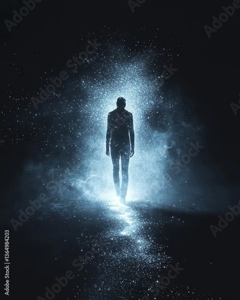 Fototapeta Mysterious Figure Emerges from Cosmic Light in Dark Atmosphere