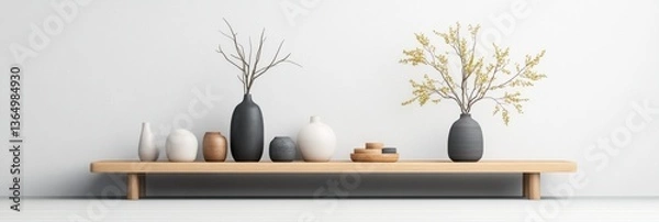 Obraz Minimalist shelf display with vases, stones, and branches