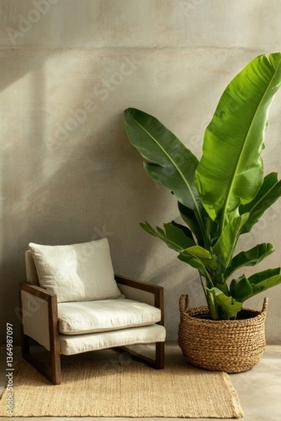 Fototapeta Cozy corner featuring stylish chair and lush greenery for tranqu