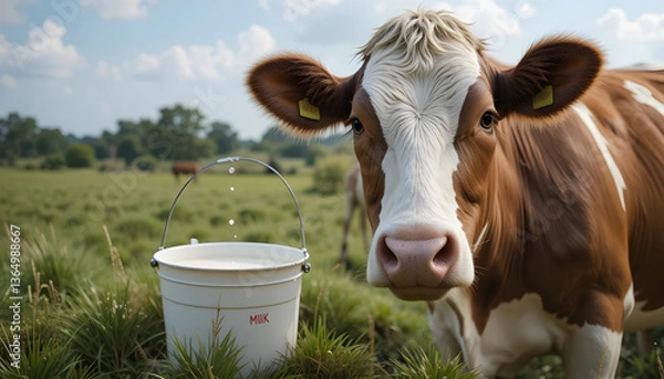 Obraz cow in a field WITH bUCKET OF MILK