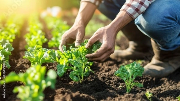 Obraz Organic farm worker cultivating crops under the sun