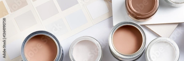 Fototapeta Tiny sample paint cans during house renovation, process of choosing paint for the walls, Mocha Mousse color of the year 2025, color charts on background, banner size