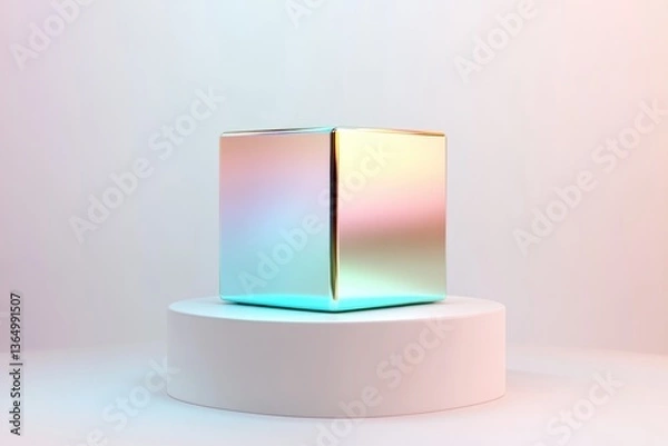 Fototapeta Reflective cube with soft pastel hues illuminated from below, cr