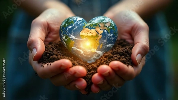 Obraz Loving hands cradle a heart-shaped Earth, glowing with hope for our planet's future, nestled in rich dark soil.