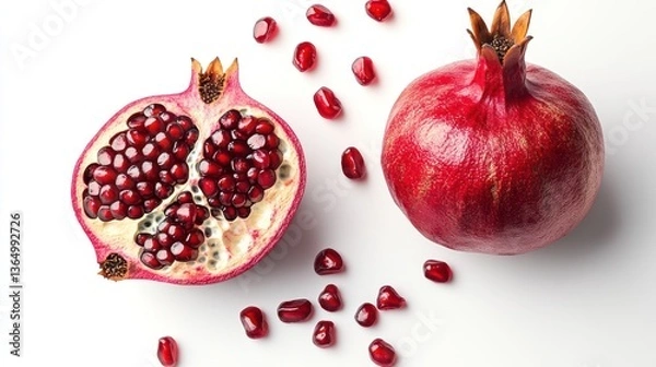 Fototapeta Pomegranate halves and seeds on white background (1)