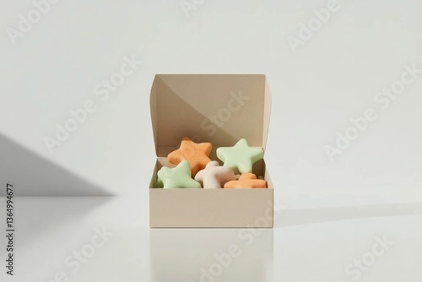 Fototapeta Colorful star-shaped candies in an open box create cheerful atmo
