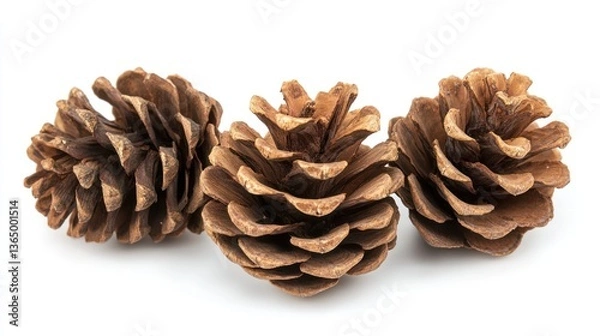 Fototapeta Three pine cones on white background.  Possible use Nature photography, educational material