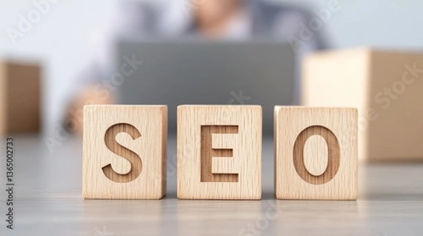 Obraz Wooden SEO Letter Blocks in Office Setting Representing Search Engine Optimization Concept
