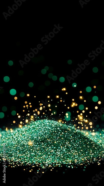 Fototapeta Emerald green glitter pile with gold sparkle bokeh on black background