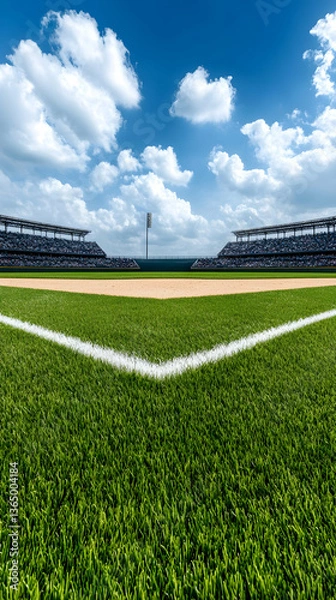 Fototapeta Empty baseball field Green grass, white lines, stadium seating, blue sky, fluffy clouds