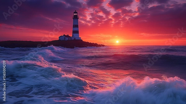 Fototapeta A magical photography of a lighthouse overlooking the Baltic Sea at sunrise, surrounded by gentle waves and a sky ablaze with orange, pink, and purple tones.