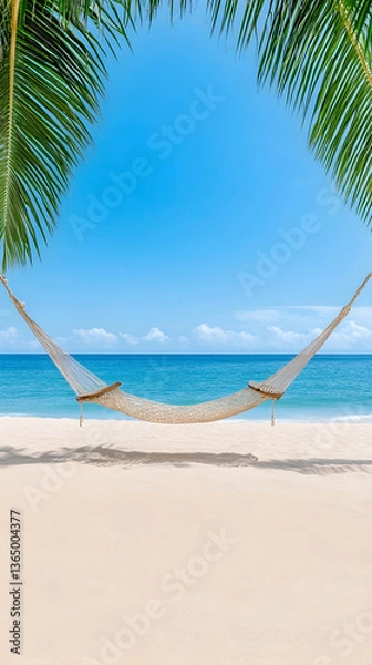 Fototapeta Empty hammock on a tropical beach under palm trees