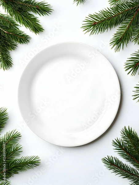 Fototapeta Empty plate surrounded by fir branches on white
