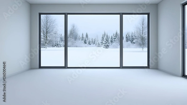 Fototapeta Empty room with large windows overlooking snowy landscape