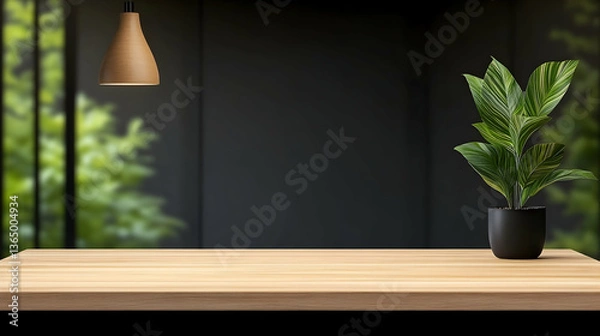 Fototapeta Empty wooden table with plant and lamp in modern interior setting