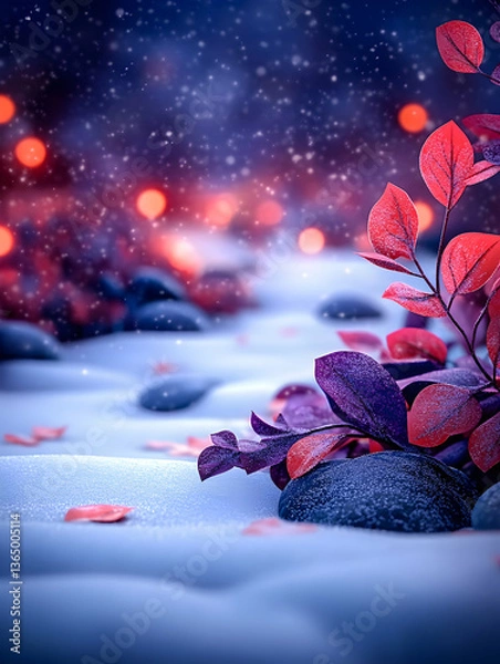 Fototapeta Enchanting winter scene snow-covered ground, vibrant red and purple leaves, soft bokeh lights