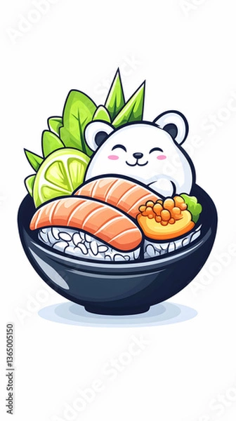 Fototapeta Cute polar bear nestled in a bowl of salmon sushi, garnished with lemon and greens