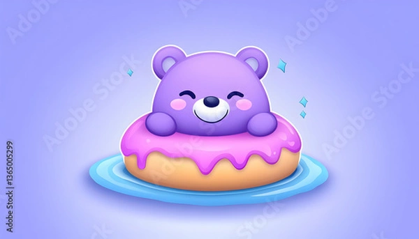 Fototapeta Cute purple bear in a donut