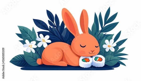 Fototapeta Cute rabbit sleeping on sushi with flower & leaf background