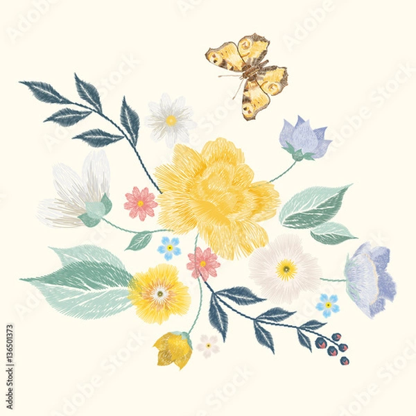 Fototapeta Embroidery simplified floral pattern with butterfly and flowers. Vector asymmetrical traditional trend fashion ornament with leaves and various plants on beige background.