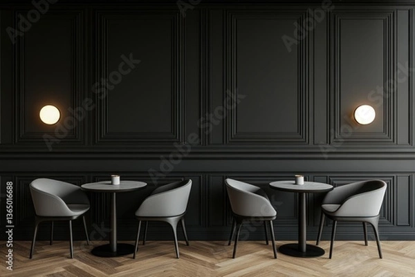 Fototapeta Stylish cafe space featuring dark paneling and modern seating arrangements