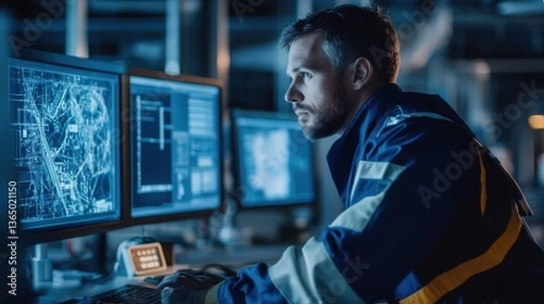 Fototapeta A renewable energy engineer monitoring offshore wind turbines, offshore location with turbines and monitoring systems visible, High-tech style