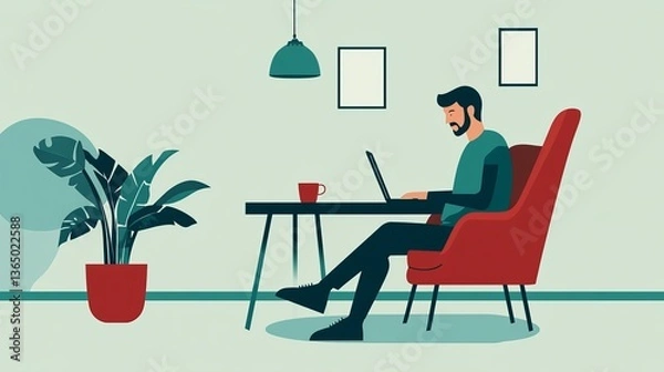 Fototapeta A remote worker in a comfortable chair, typing on a laptop, with a clean desk and a cup of coffee. 