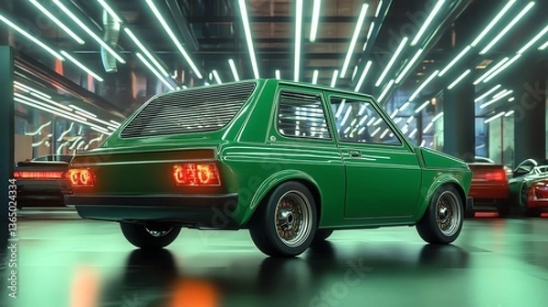 Fototapeta Classic Green Car Rear View in a Modern Showroom Setting