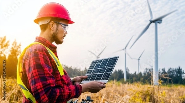 Fototapeta A renewable energy engineer testing offshore wind turbines, coastal environment with wind turbines and testing equipment visible, High-tech style