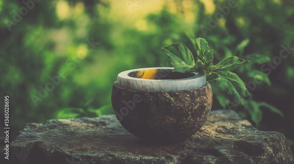 Fototapeta Natural stone cup with a polished rim and fresh herbs resting on top, positioned outdoors on a rock surface surrounded by greenery. A serene, nature-inspired scene perfect for herbal, wellness, or sus