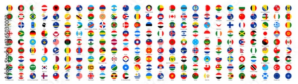 Obraz All national flags of the world with names - round shape with shadow flag isolated on white background