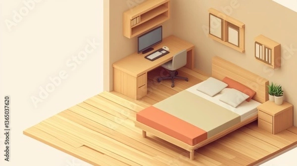 Fototapeta 3D isometric bedroom interior design, simple, minimal, flat style, home decor, use for presentation, design ideas, or catalog