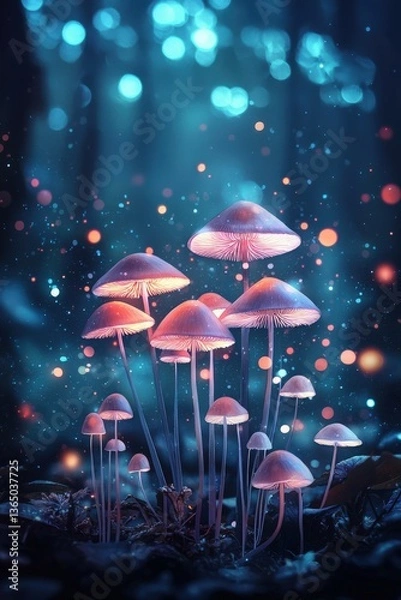 Fototapeta A glowing mushroom field seen from a first-person perspective in a dream world, Forest psychedelic mushrooms drawing