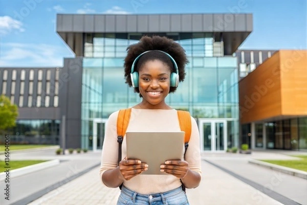 Fototapeta E-Learning. Happy young Black woman using a tablet and wearing headphones outside a modern university building, browsing the internet. Concept of modern online education. (Education)