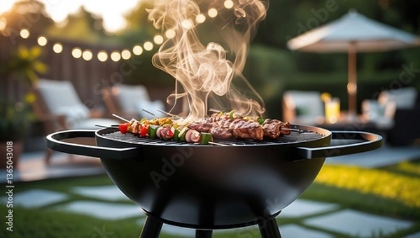 Fototapeta Minimalist barbecue grill with smoke rising in a backyard – Summer, gathering, cooking, enjoyment.

