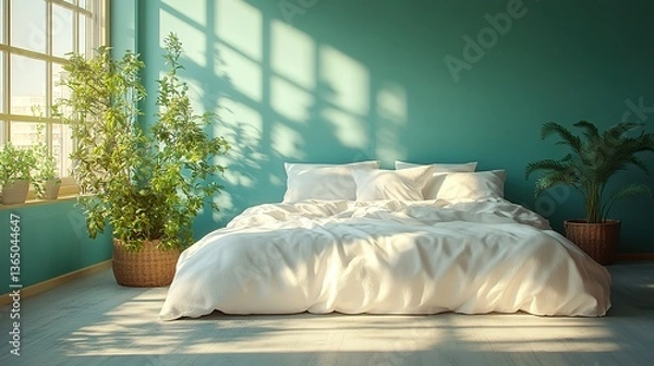 Fototapeta Sunlight casts window shadows on an empty bed with white sheets in a bedroom with a turquoise wall, creating a cozy and peaceful atmosphere.