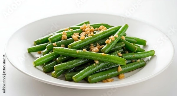 Fototapeta A serving of stir-fried Chinese green beans with garlic on a white dish